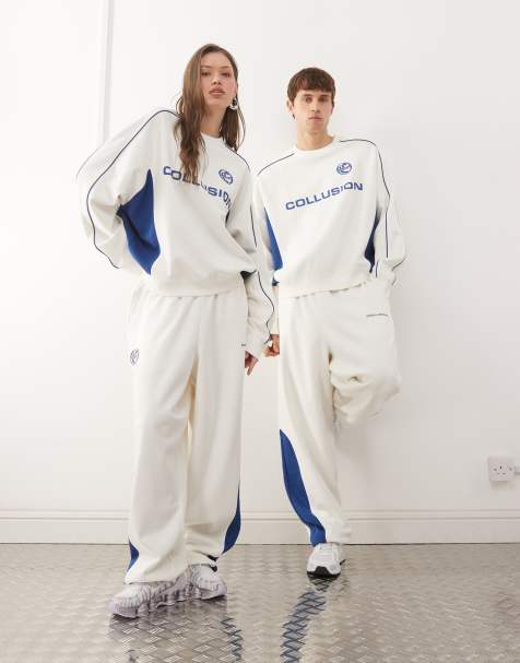 COLLUSION Unisex Wide leg joggers co-ord in cream and blue