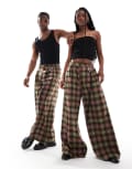[Collusion] COLLUSION Unisex wide leg pants in brushed check-Blue S Pink check