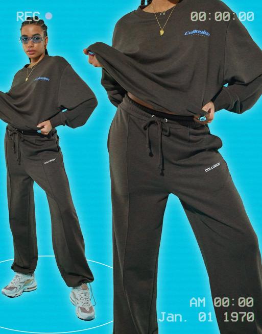 COLLUSION Unisex wide leg sweatpants and sweatshirt set with raised logo print, 2 of 3