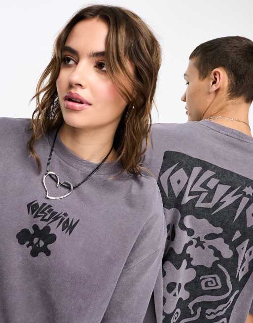 COLLUSION Unisex world tour print pique t-shirt in charcoal, 4 of 4