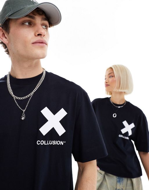 COLLUSION Unisex X logo cotton t-shirt in black