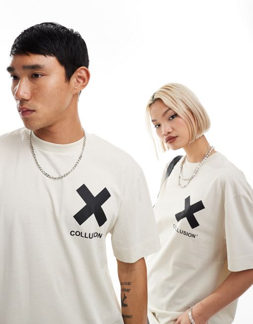 COLLUSION Unisex X logo cotton t-shirt in off-white	