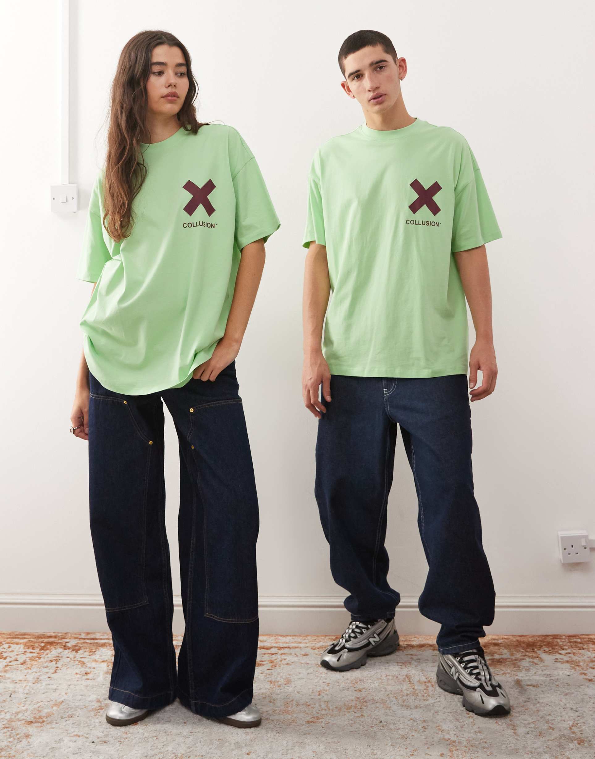 collusion unisex x logo t-shirt in green with burgundy print