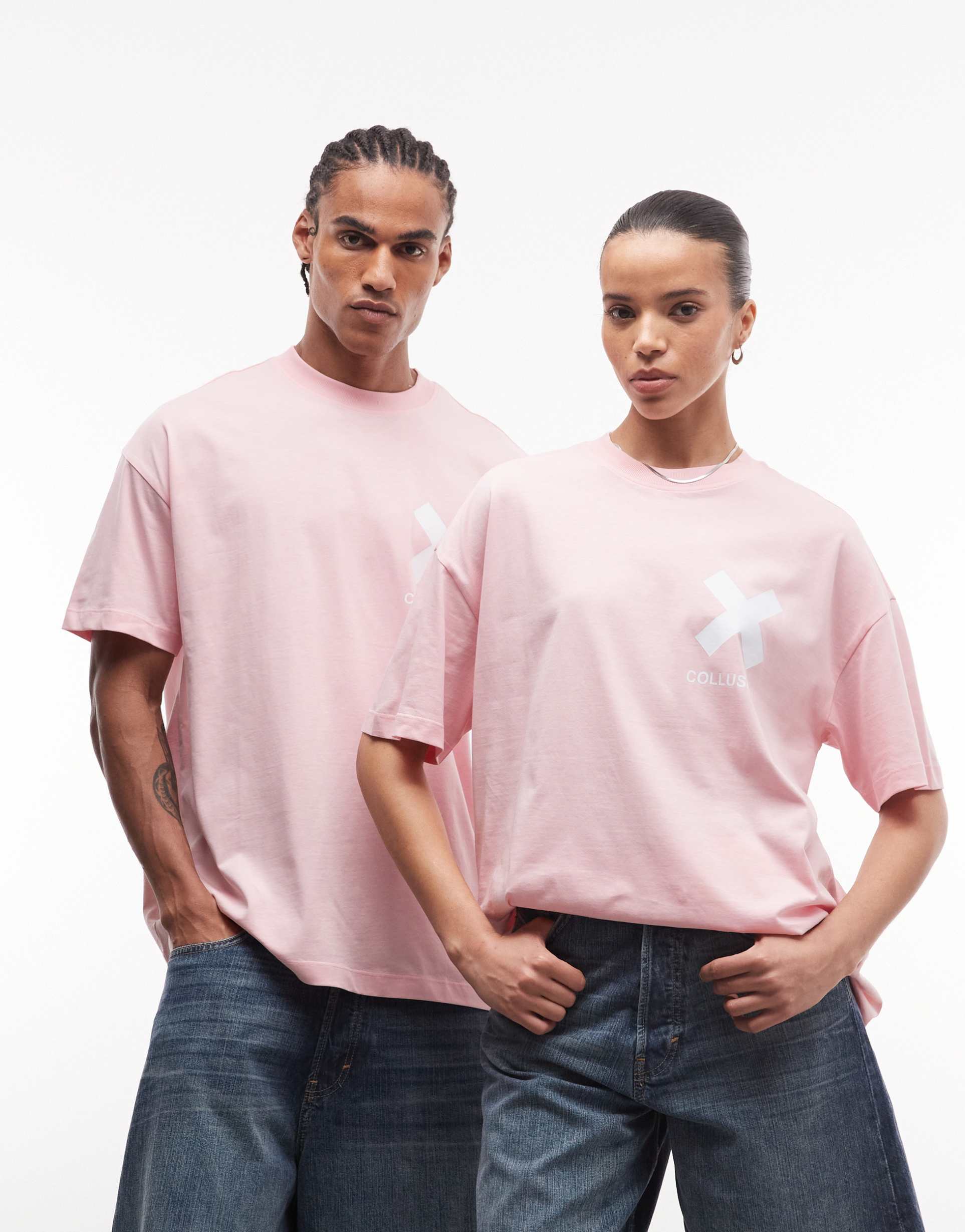 collusion unisex x logo t-shirt in pink with blue print