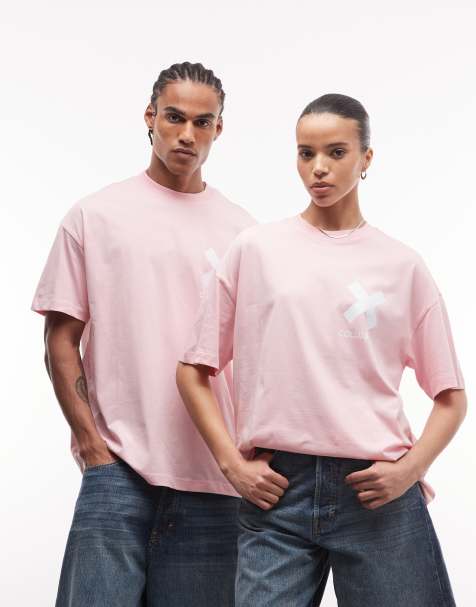 COLLUSION Unisex – X – Różowy T-shirt z niebieskim nadrukiem i logo - view 1