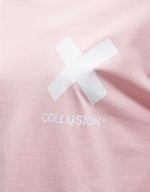 COLLUSION Unisex – X – Różowy T-shirt z niebieskim nadrukiem i logo, 3 z 4