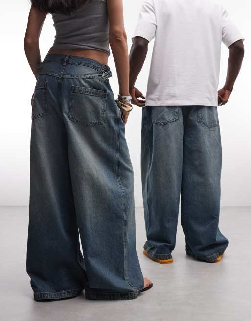 COLLUSION Unisex - XL baggy jeans in middenblauwe wassing, 3 van 5