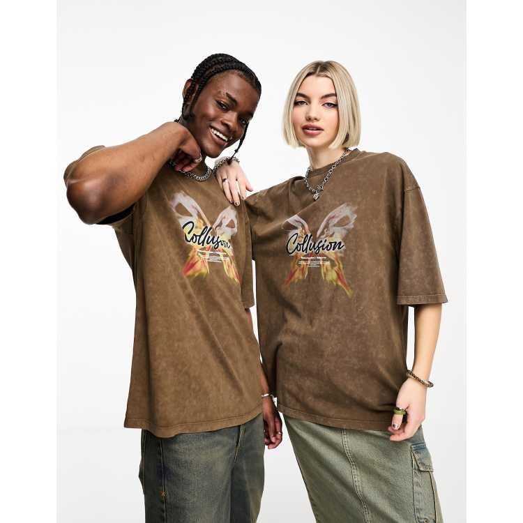 COLLUSION Unisex Y2K butterfly print t-shirt in washed brown