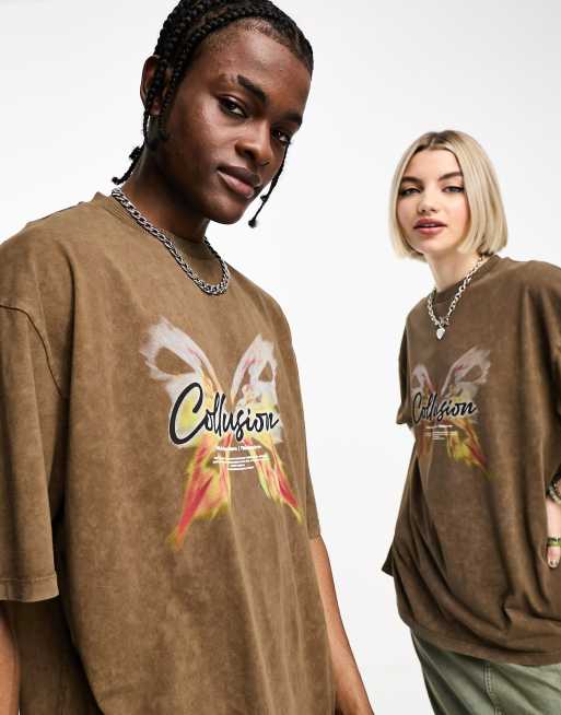 COLLUSION Unisex Y2K butterfly print t-shirt in washed brown | ASOS