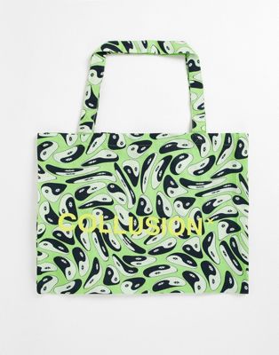 COLLUSION Unisex yin yang print beach bag in green