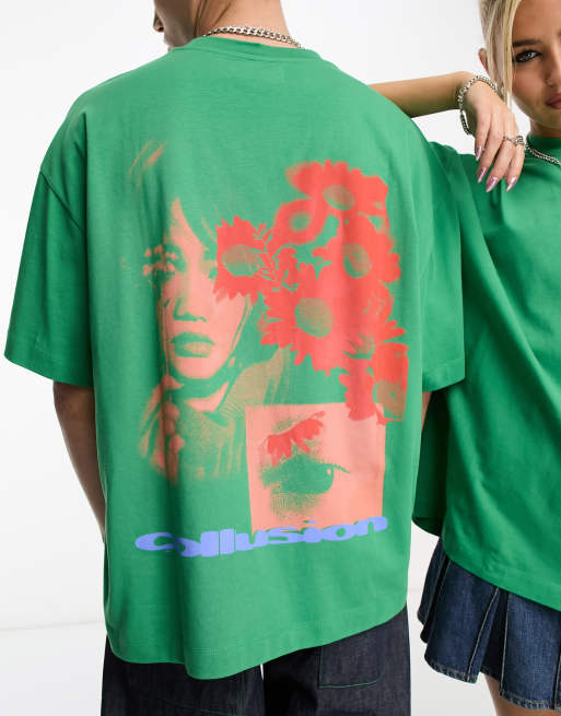 COLLUSION Unisex – Zielony T-shirt z fotograficznym wzorem