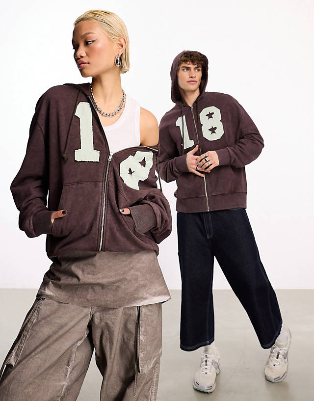 Collusion - unisex zip through hoodie in brown with applique detail