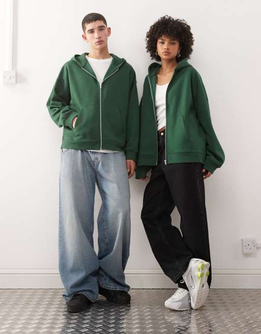 COLLUSION Unisex zip through hoodie in green, 3 of 4
