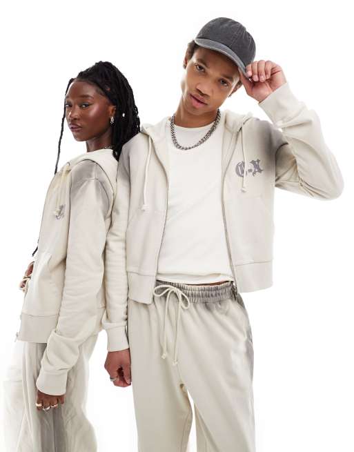 COLLUSION Unisex zip through hoodie in ombre grey wash (part of a set)