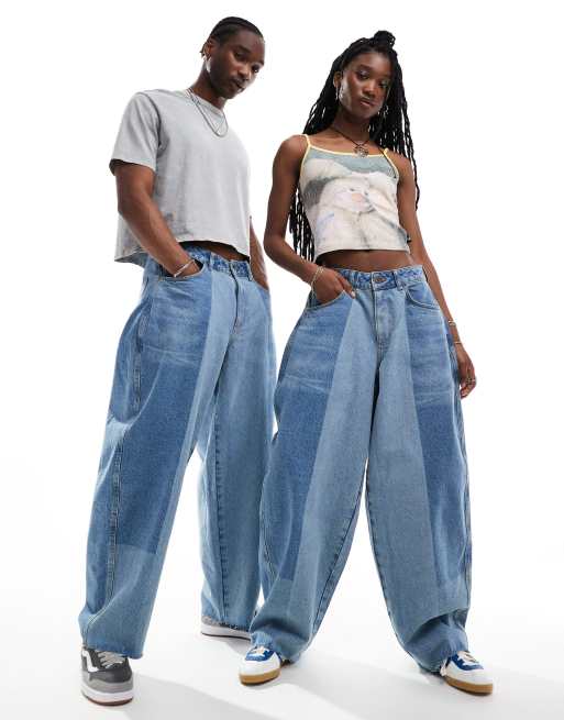 COLLUSION Unisex004 - Ballonjeans met kleurstrepen in mid-wash