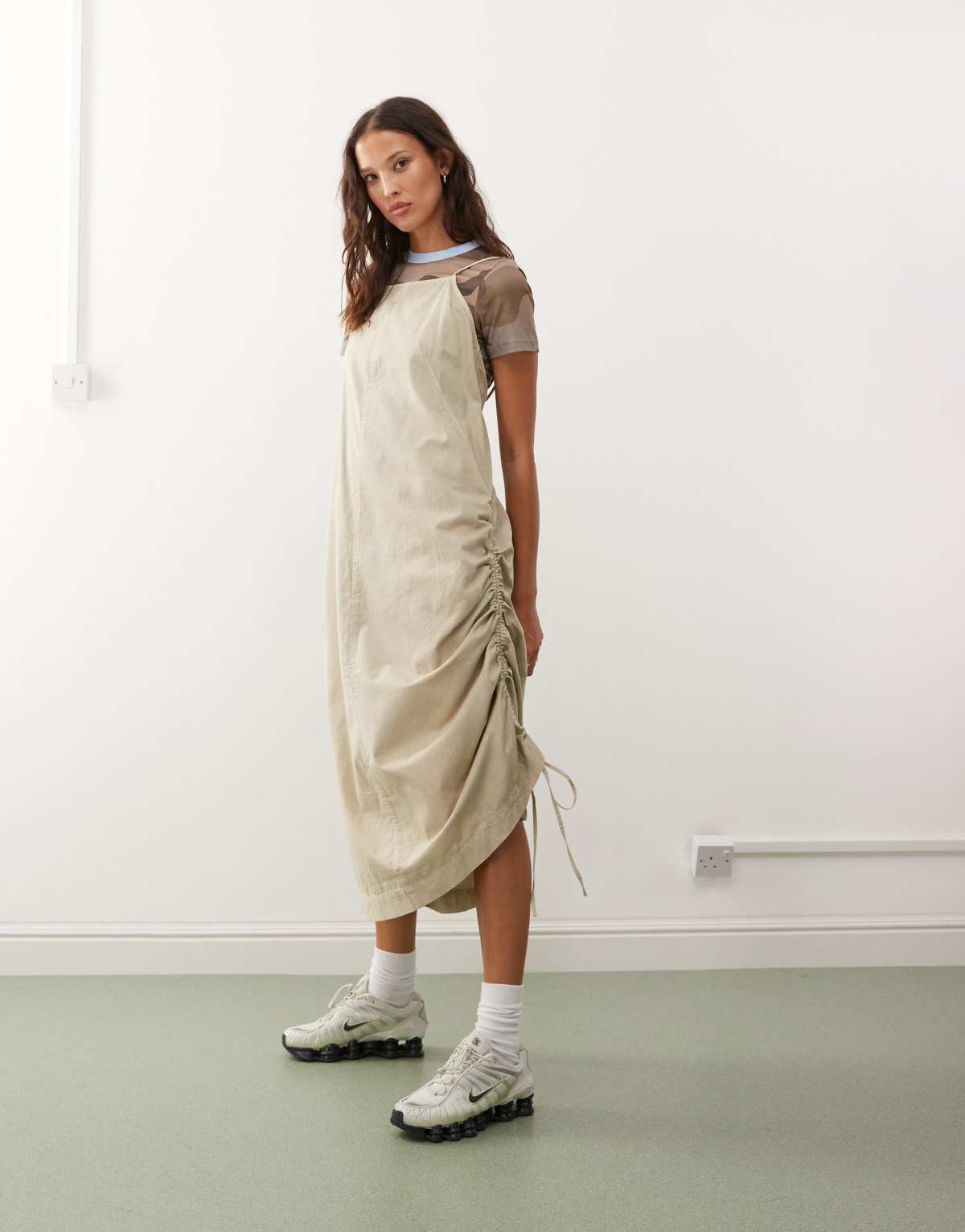 COLLUSION utility washed midi cami dress in stone
