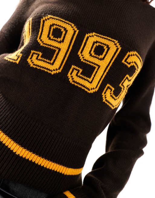 COLLUSION V neck 1993 slogan knit jumper in brown ASOS