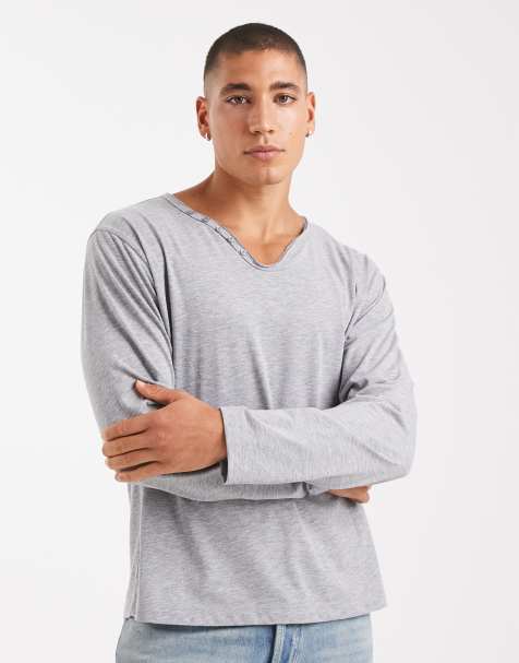 COLLUSION V-neck buttonless henley long sleeve T-shirt in gray - view 1