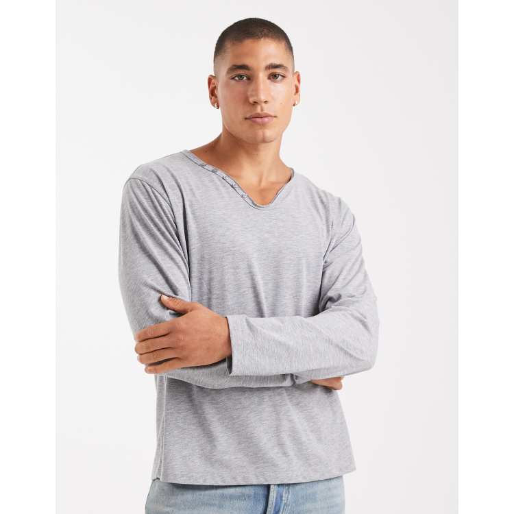 Mancozy Men's Casual Long Sleeve V-Neck T-Shirt – Lightweight Hip-Hop Style Top, Comfortable Stretch Fit (Small, Light Gray) - View #5