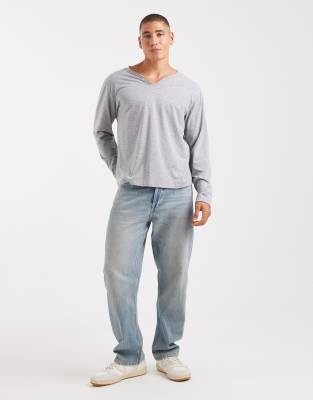 Collusion V-neck Buttonless Henley Long Sleeve T-shirt In Gray