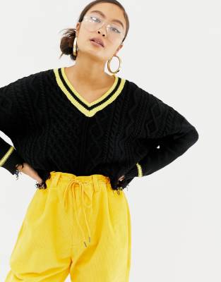 black v neck cable knit sweater