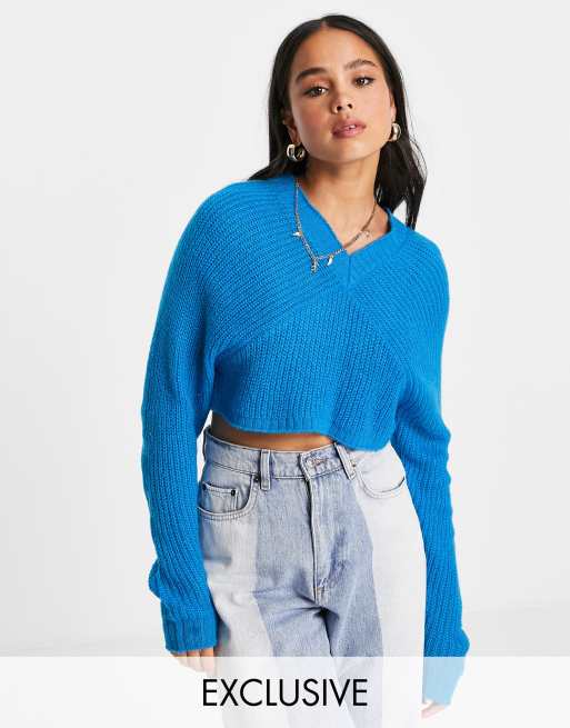 COLLUSION v neck cropped knitted jumper in blue | ASOS