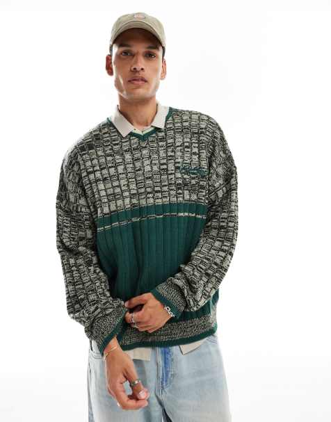 COLLUSION  V-neck front stripe sporty jumper in green - view 1