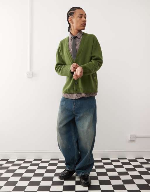 COLLUSION v-neck knitted cardigan in olive, 2 of 4