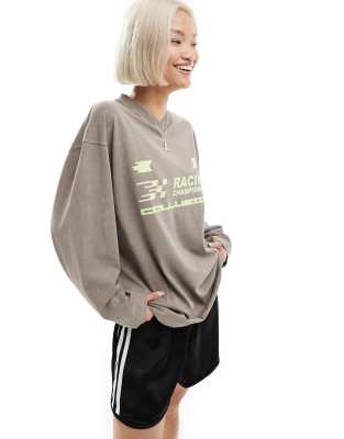 COLLUSION v-neck long sleeve t-shirt with motocross print in washed grey