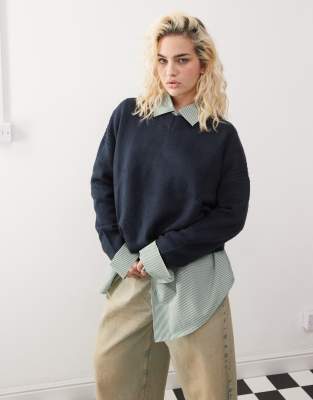 Collusion V Neck Meet And Greet Sweater With Arm Rib In Navy-no Color In Blue