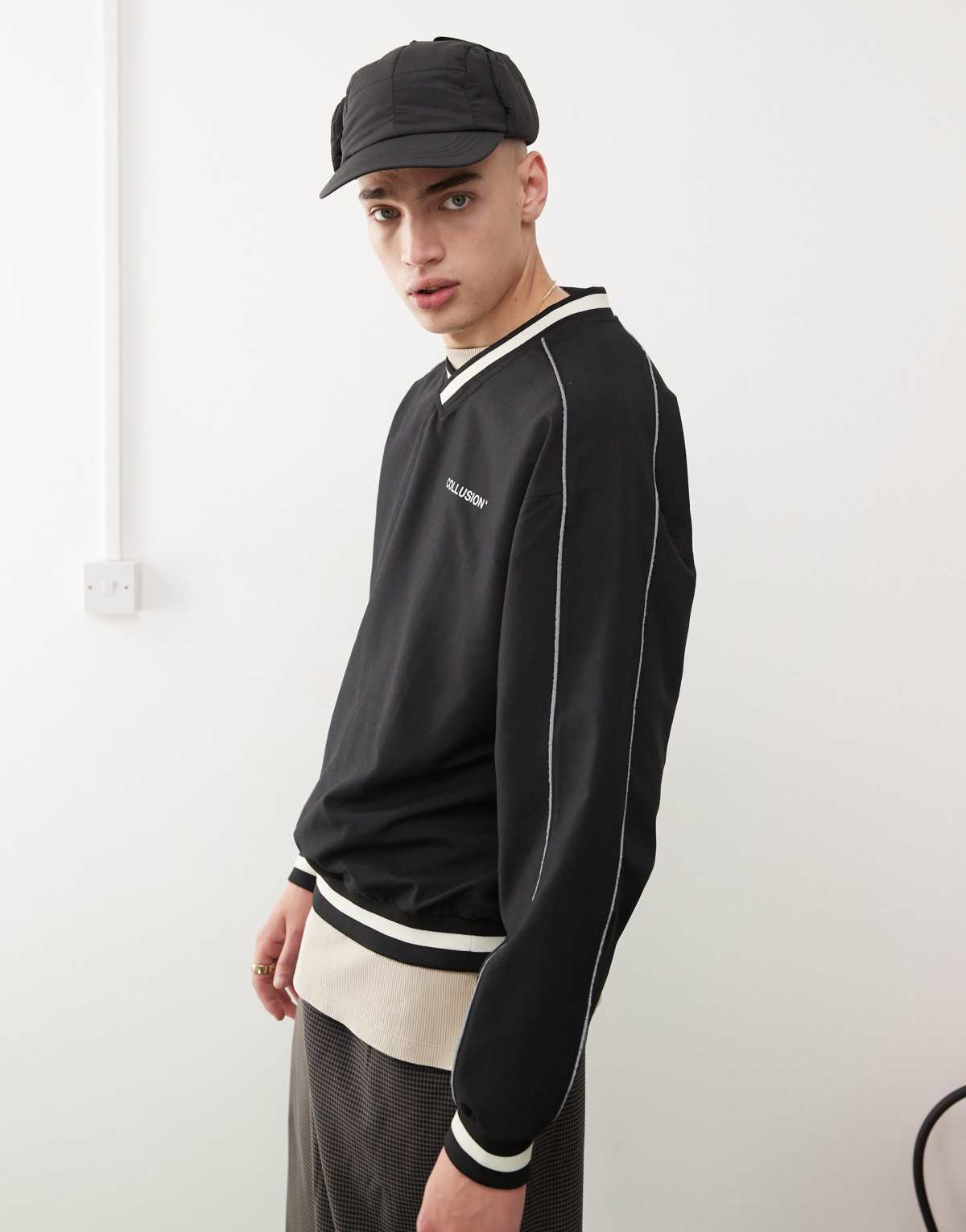 COLLUSION V neck nylon sweatshirt in black