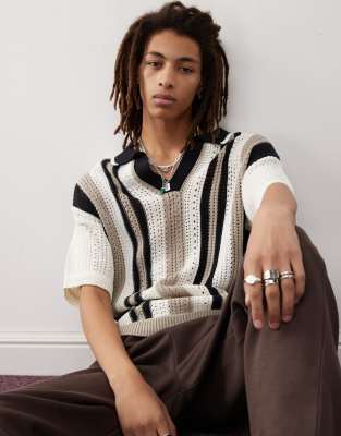 COLLUSION Vneck stripe polo shirt in creamBlack