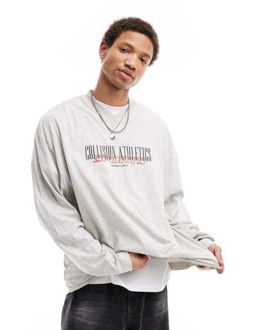 COLLUSION v neck sweat with athletics varsity print in light gray