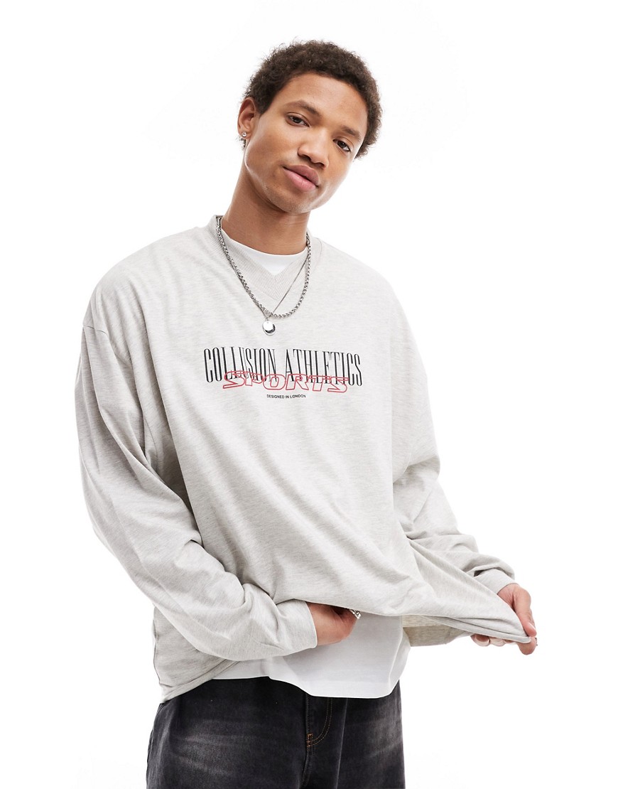 COLLUSION v neck sweat with athletics varsity print in light grey
