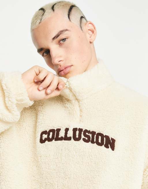 COLLUSION varsity borg high neck sweatshirt in ecru, 3 of 4