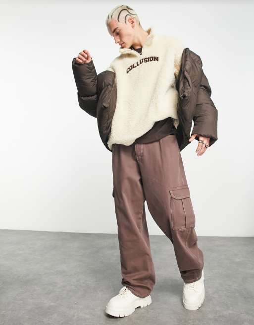 COLLUSION varsity borg high neck sweatshirt in ecru, 4 of 4