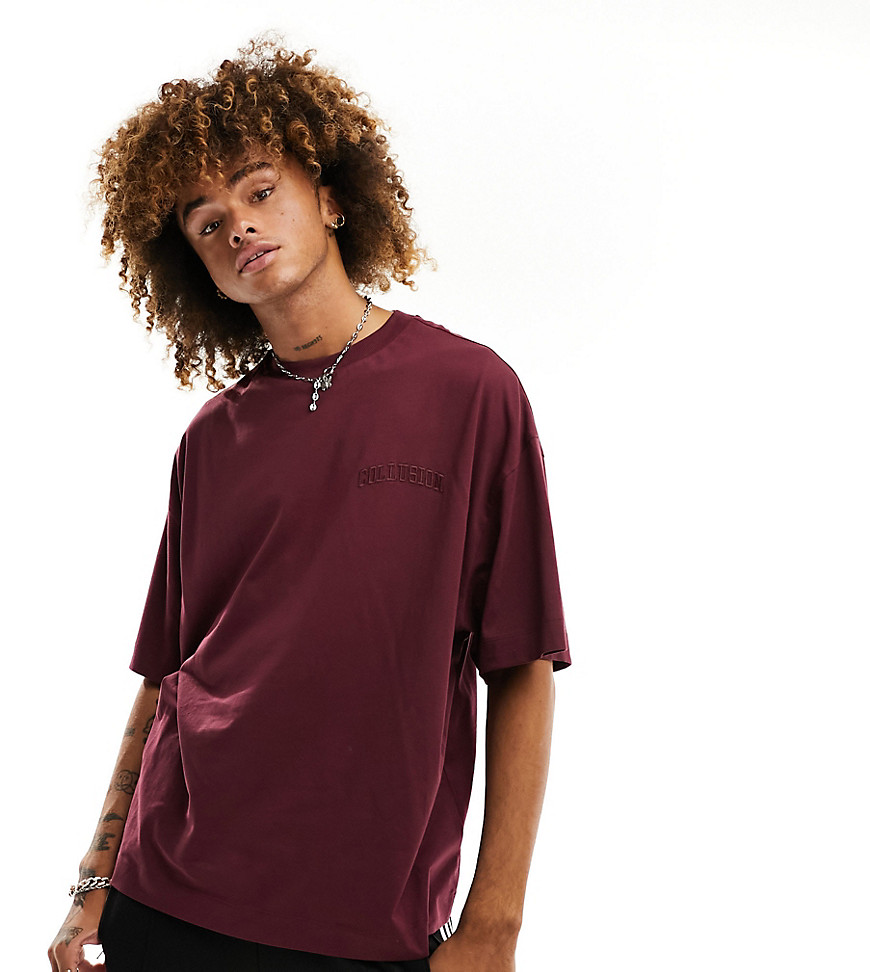 COLLUSION Varsity embroidery skate t-shirt in burgundy-Red