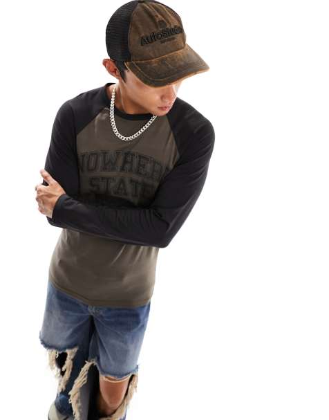 COLLUSION Varsity long sleeve t-shirt in black and brown - view 1