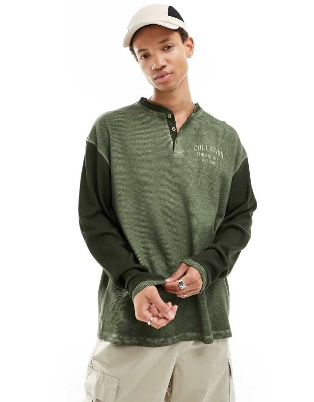 Collusion - varsity long sleeve t-shirt in green and khaki