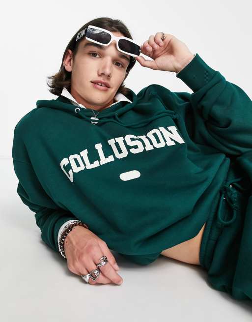 COLLUSION varsity print hoodie in dark green | ASOS
