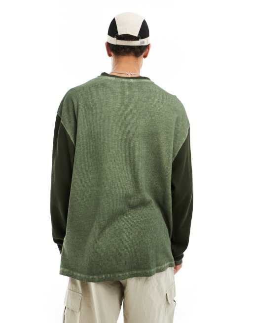 COLLUSION - Varsity T-shirt met lange mouwen in groen en kaki, 3 van 4