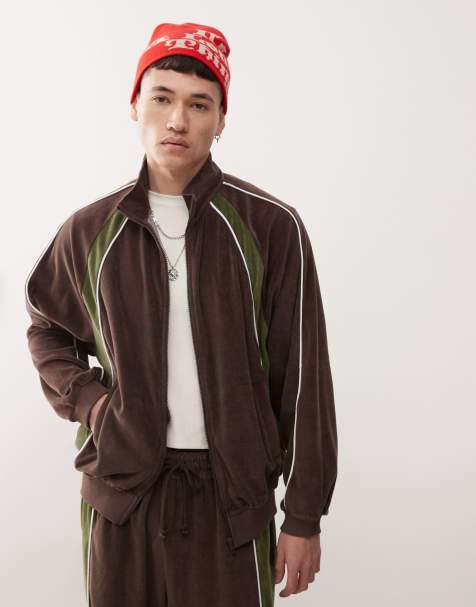 COLLUSION velour contrast panel and seam track jacket co-ord in brown and green - view 1