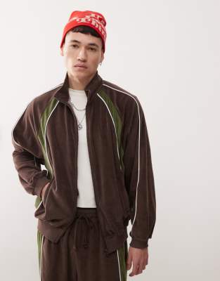 Collusion Velour Contrast Panel And Seam Track Jacket In Brown And Green - Part Of A Set