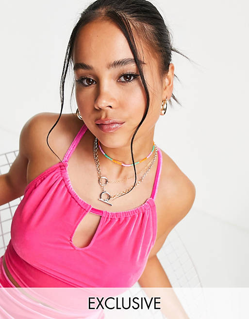 COLLUSION velvet 90s keyhole cami co-ord in neon pink