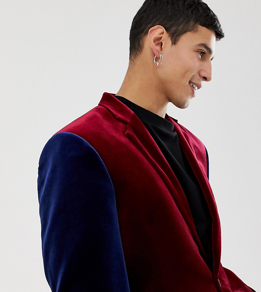 COLLUSION velvet blazer in burgundy with contrast sleeves-Red
