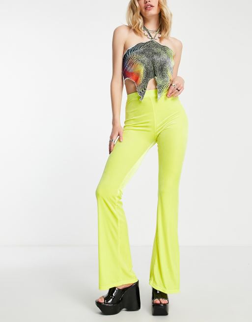 COLLUSION velvet flared leggings in neon yellow (Part of a set)