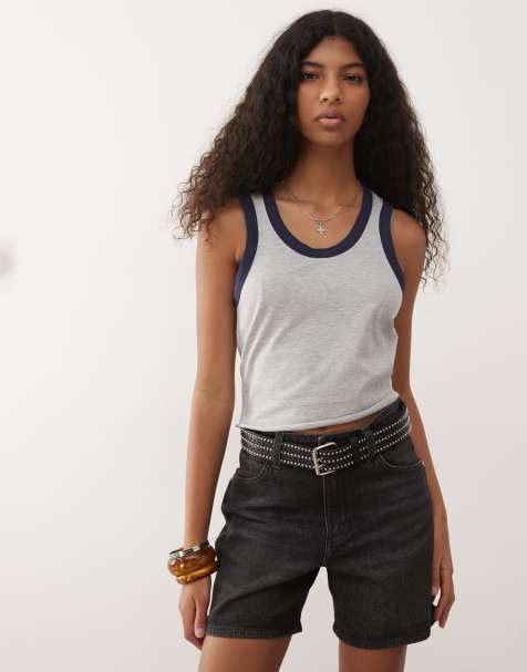 COLLUSION vest top with contrast binding in grey marl