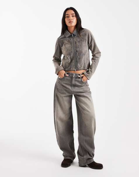 COLLUSION - Veste ajustée en jean avec détails floqués et coutures contrastantes - Gris délavé - view 1