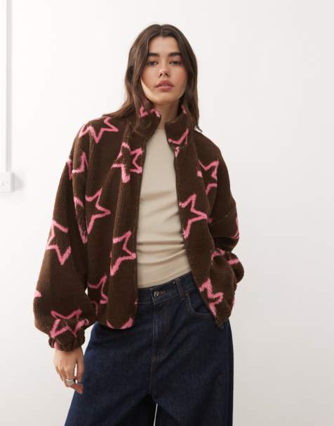 COLLUSION - Veste zippée en imitation peau de mouton à motif étoiles - Rose/marron - view 1