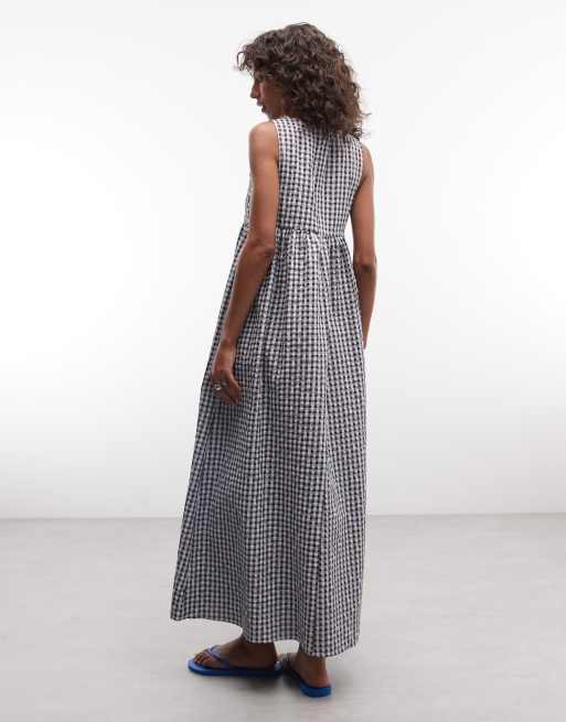 COLLUSION - Vestido a cuadros vichy azules amplio con cuello subido, 2 de 4